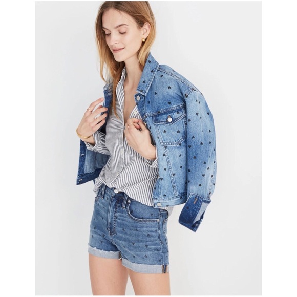 MADEWELL The Boxy Crop Jean Jacket Heart Edition Print Size XS - Picture 2 of 11